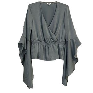 Express Sage Green Blouse Surplice Elastic Waist Cascading Split Bell Slee…